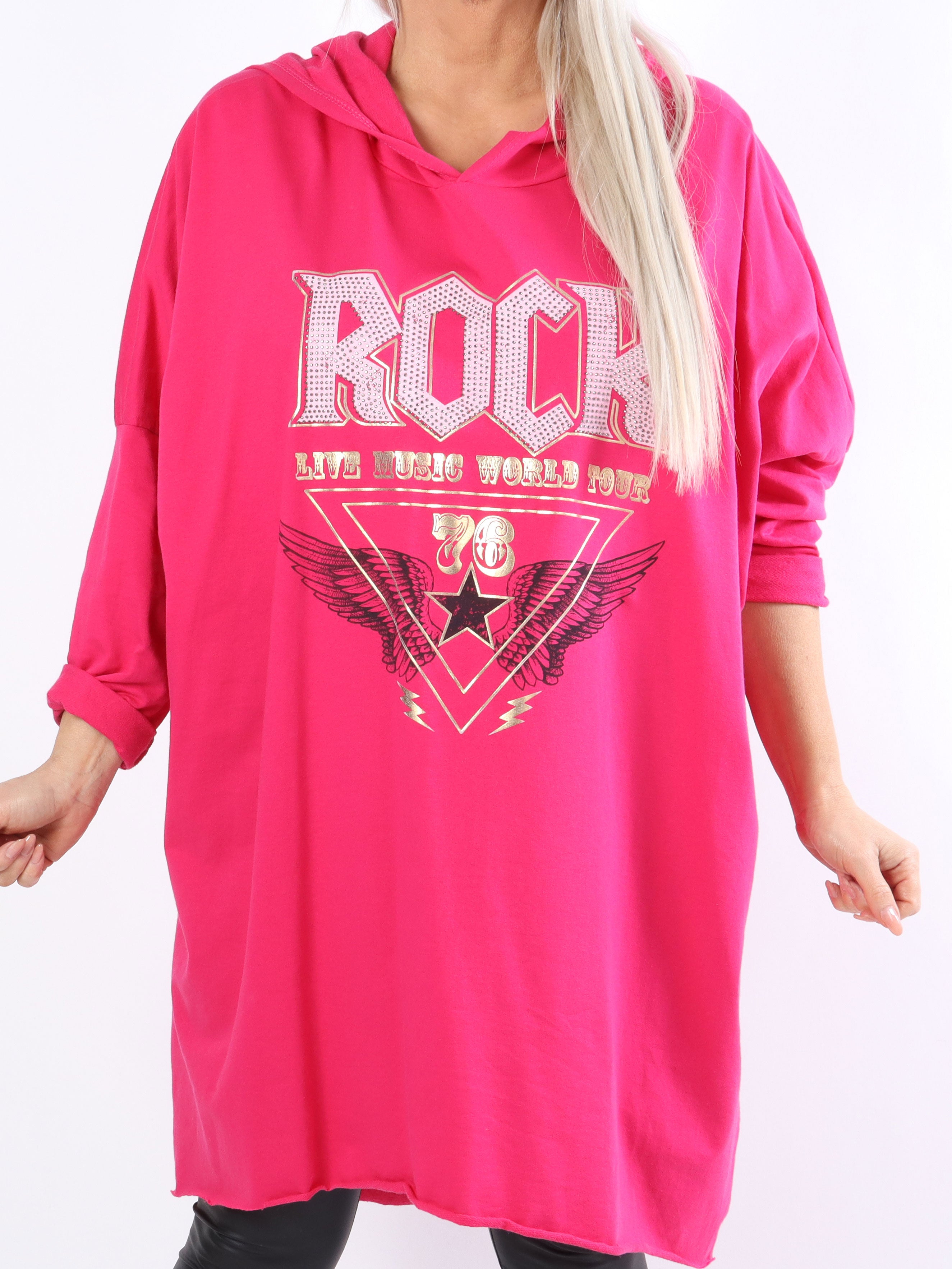 Rock - Cool plus size kjole med hætte og tekst